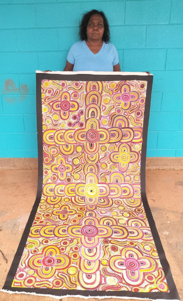 #193 Women's Body Design (Red/Yellow/Pink)- RACHAEL NAMBULA: Aboriginal Art 90x200cm