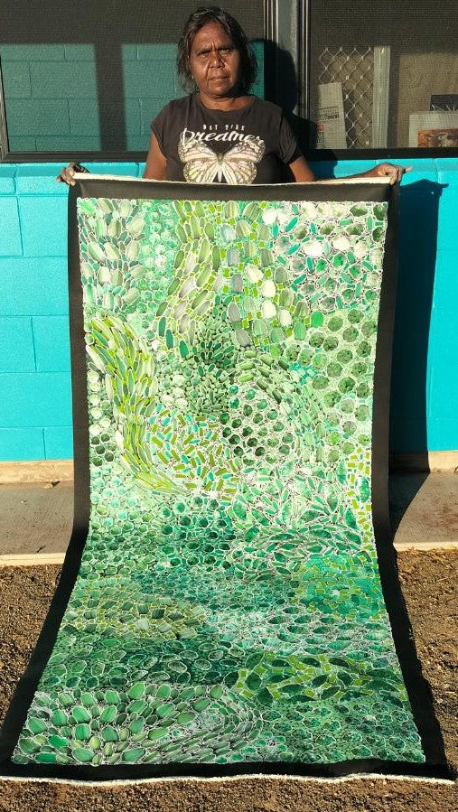 #174 Bush Yam Dreaming (Greens) - RACHAEL NAMBULA: Aboriginal Art 200cm x 84cm