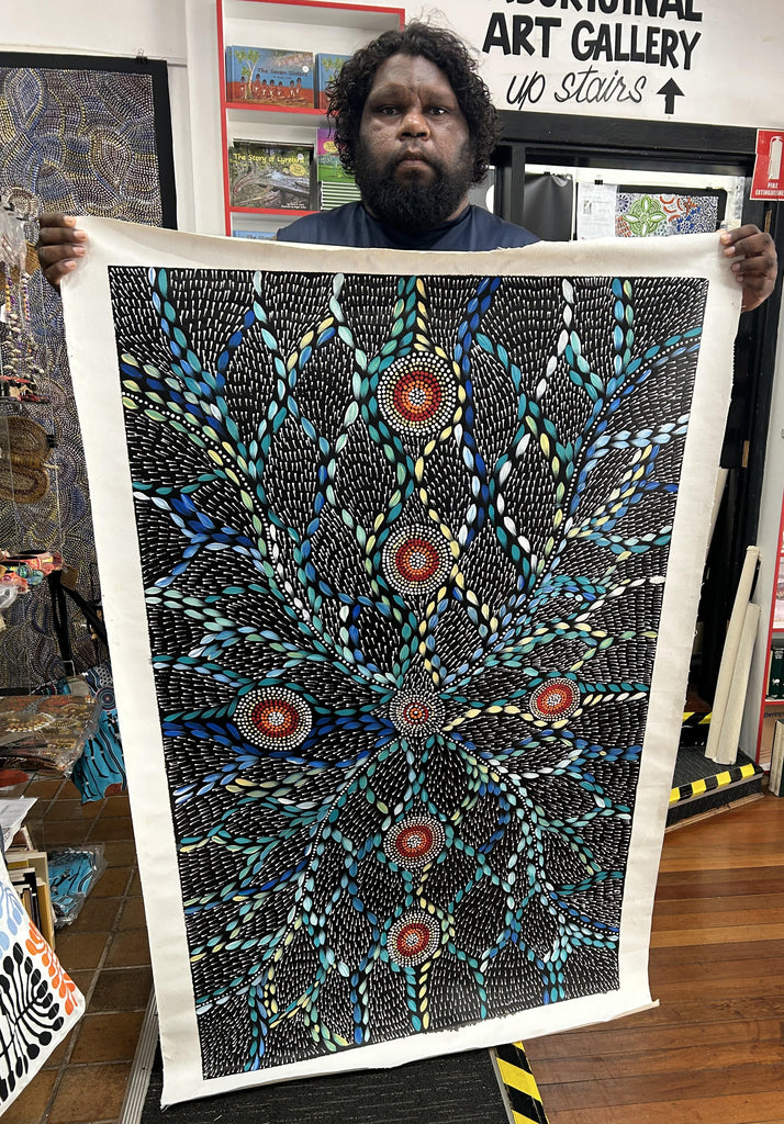 #114 Waterholes & Bush Medicine Leaves (Blues)  - Scott Duggie Aboriginal Art: 146 x 87cm