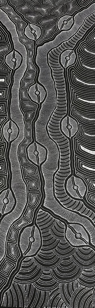 #157 My Country (Black/White) ARTIST: DELVINE PETYARRE 200cm x 72cm