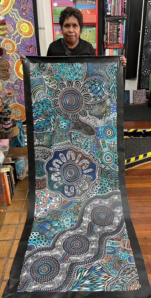 #369 Women collecting Bush Medicine (Kookaburra) - SELINA NUMINA : Aboriginal Art 75 x 200cm