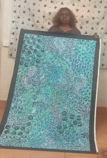 #359 Bush Yam Dreaming (Blues/Greens)- RACHAEL NAMBULA: Aboriginal Art: 93cm x 152cm