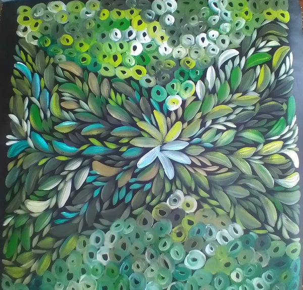 #44 Bush Medicine Leaves & Bush Melon (Green) - LOUISE NUMINA : Aboriginal Art: 88x94cm