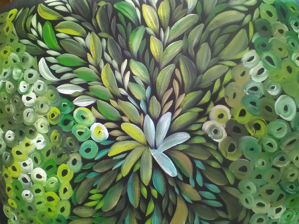#44 Bush Medicine Leaves & Bush Melon (Green) - LOUISE NUMINA : Aboriginal Art: 88x94cm
