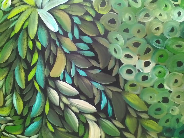 #44 Bush Medicine Leaves & Bush Melon (Green) - LOUISE NUMINA : Aboriginal Art: 88x94cm