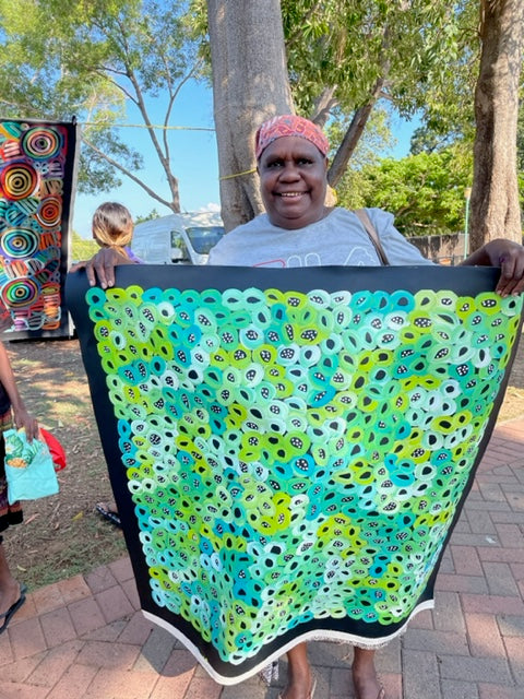 #98 Seeded Bush Melons (Greens)-LOUISE NUMINA : Aboriginal Art: 95x95cm