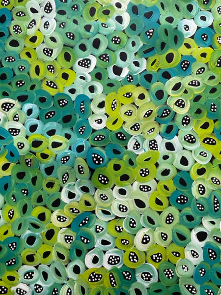 #98 Seeded Bush Melons (Greens)-LOUISE NUMINA : Aboriginal Art: 95x95cm