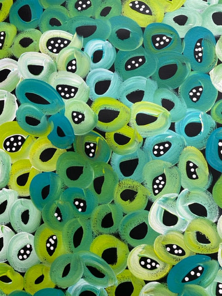 #98 Seeded Bush Melons (Greens)-LOUISE NUMINA : Aboriginal Art: 95x95cm