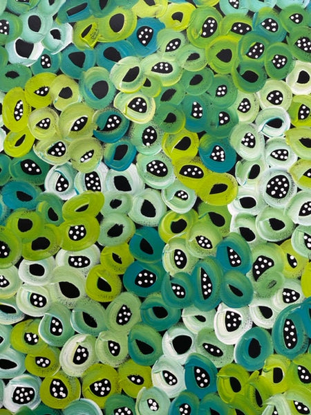 #98 Seeded Bush Melons (Greens)-LOUISE NUMINA : Aboriginal Art: 95x95cm