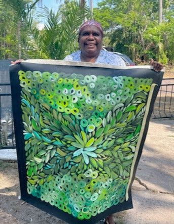 #44 Bush Medicine Leaves & Bush Melon (Green) - LOUISE NUMINA : Aboriginal Art: 88x94cm