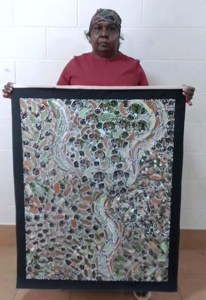 #77 Bush Yam Dreaming - RACHAEL NAMBULA: Aboriginal Art 73x102cm