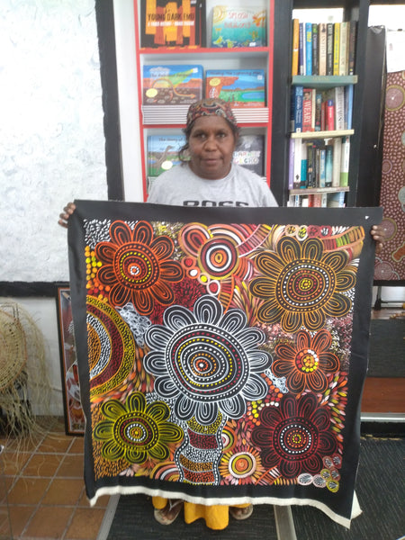 #185 Women Collecting Bush Medicine Leaves (Sunset)- SELINA NUMINA : Aboriginal Art: 88x94