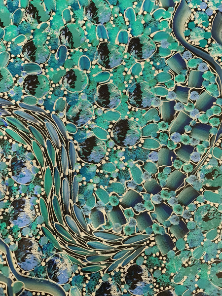 #198 Bush Yam Dreaming (Blues)- RACHAEL NAMBULA: Aboriginal  199cm x 49cm