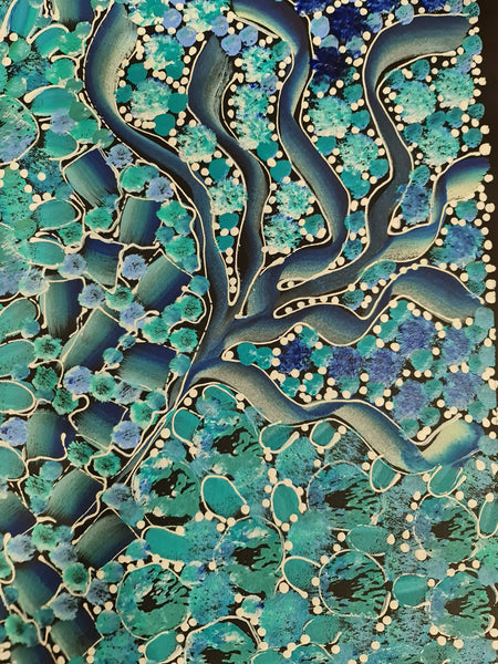#198 Bush Yam Dreaming (Blues)- RACHAEL NAMBULA: Aboriginal  199cm x 49cm
