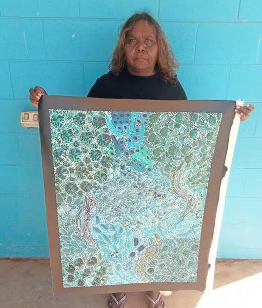 #69 Bush Yam Dreaming (Blues)- RACHAEL NAMBULA: Aboriginal Art: 90cm x 70cm
