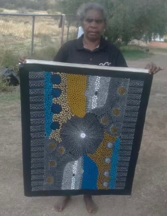 #241 Water Dreaming Ngapa (Earth/Blue) JANET LONG NAKAMARRA: Aboriginal Art: 70 x 93cm