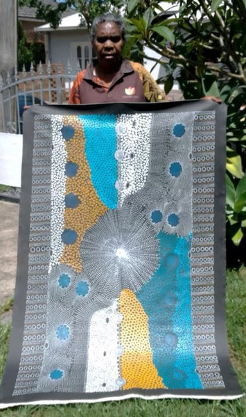 #125 Water Dreaming Ngapa (Earth/Blue) JANET LONG NAKAMARRA: Aboriginal Art 86cm x 163cm