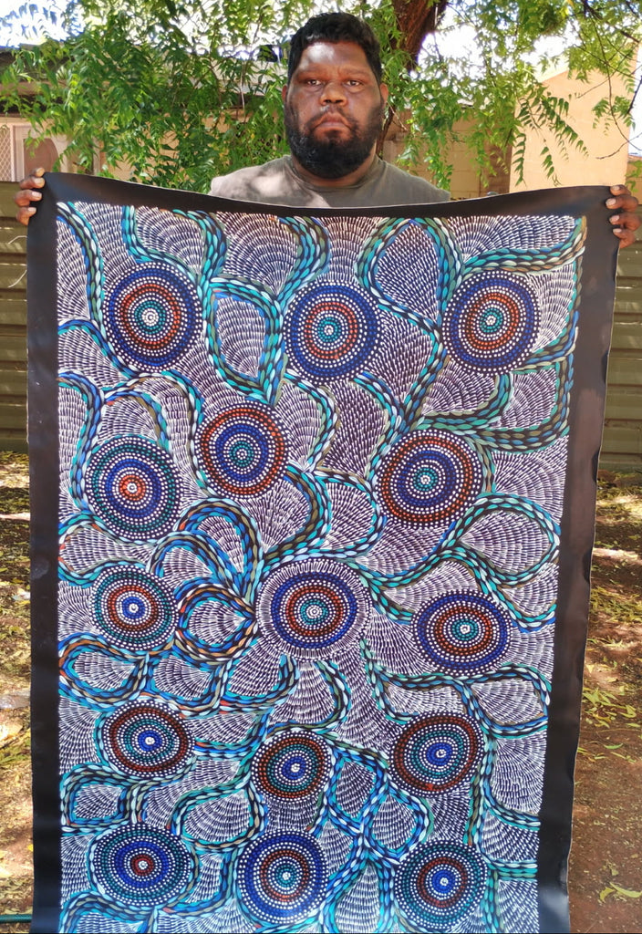 #327 Waterholes & Bush Medicine Leaves (Blues)  - SCOTT DUGGIE Aboriginal Art:  97cm x 154cm
