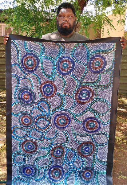 #327 Waterholes & Bush Medicine Leaves (Blues)  - SCOTT DUGGIE Aboriginal Art:  97cm x 154cm