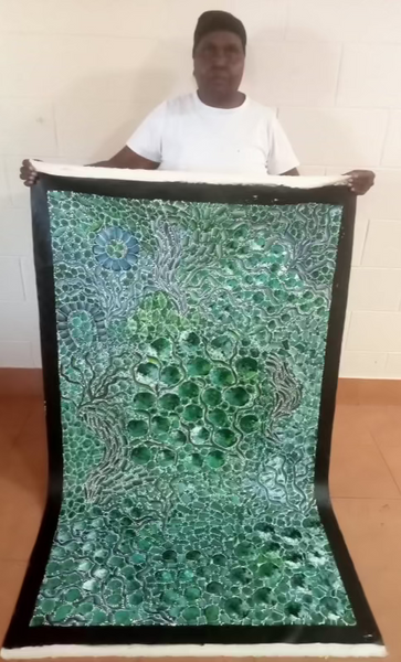 #172 Bush Yam Dreaming (Greens)- RACHAEL NAMBULA: Aboriginal Art 88cm x 150cm