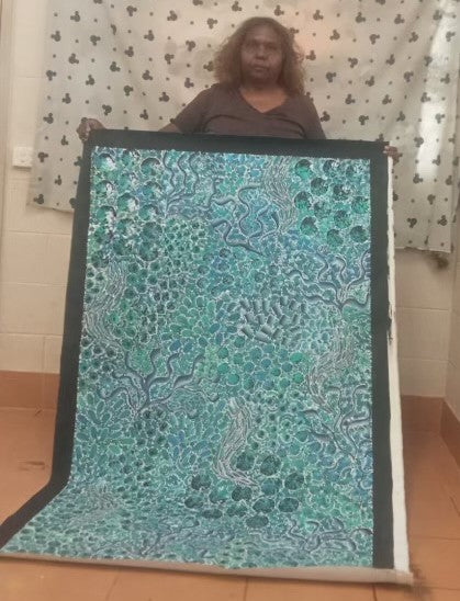 #354 Bush Yam Dreaming (Blues/Greens)- RACHAEL NAMBULA: Aboriginal Art: 93cm x 152cm