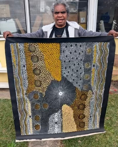 #354 Water Dreaming Ngapa (earth) - JANET LONG NAKAMARRA: Aboriginal Art:  88cm x 95cm