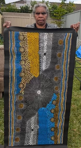#348 Water Dreaming Ngapa (Earth/Blue) JANET LONG NAKAMARRA Aboriginal Art:  55cm x 112cm
