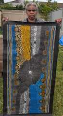 #348 Water Dreaming Ngapa (Earth/Blue) JANET LONG NAKAMARRA Aboriginal Art:  55cm x 112cm