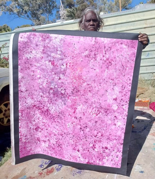#103 Bush Plum Dreaming (pinks) -ARTIST: Bessie Pitjara - Aboriginal Art: 94 x 99cm
