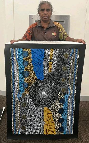 #48 Water Dreaming - Ngapa (Multi) JANET LONG NAKAMARRA: Aboriginal Art: 70cm x 100cm