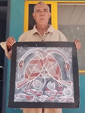 #99 Brolgas at the Billabong  - EDDIE BLITNER Aboriginal Art :  50cm x 48cm