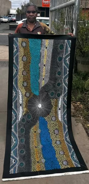 #204 Water Dreaming Ngapa (Blue/Earth) JANET LONG NAKAMARRA: Aboriginal Art: 70cm x 166cm