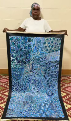 #90 Bush Yam Dreaming (Blues)- RACHAEL NAMBULA: Aboriginal Art 88cm x 150cm
