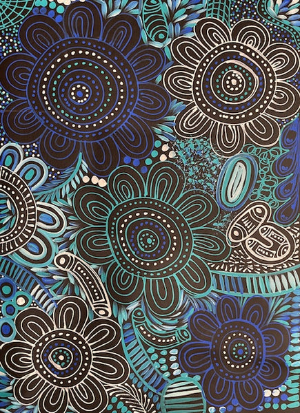 #79 Women Collecting Bush Leaves (Blues)- SELINA NUMINA : Aboriginal Art: 91cm x 80cm