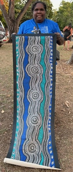 #359 Emu Dreaming (Blues) - SHARON NUMINA : Aboriginal Art: 152x44cm