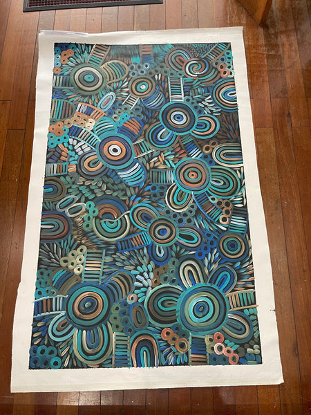 #119 Women's Ceremony (Kookaburra Blues) - SELINA NUMINA : Aboriginal Art: 89x149cm