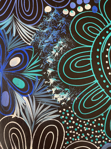 #290 Women Collecting Bush Medicine Leaves (Blues)- SELINA NUMINA : Aboriginal Art: 94x90
