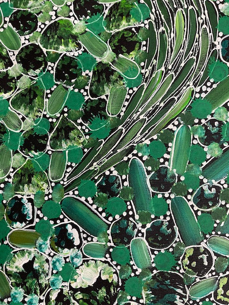 #101 Bush Flower Dreaming (Greens) - RACHAEL NAMBULA: Aboriginal Art 90cm x 200cm