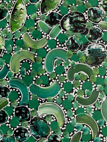 #101 Bush Flower Dreaming (Greens) - RACHAEL NAMBULA: Aboriginal Art 90cm x 200cm