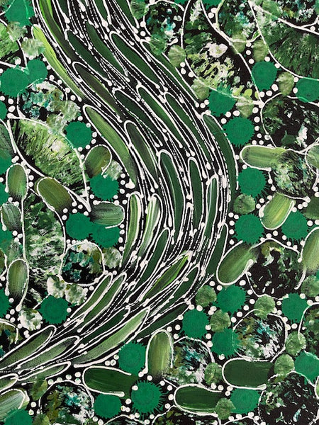 #101 Bush Flower Dreaming (Greens) - RACHAEL NAMBULA: Aboriginal Art 90cm x 200cm