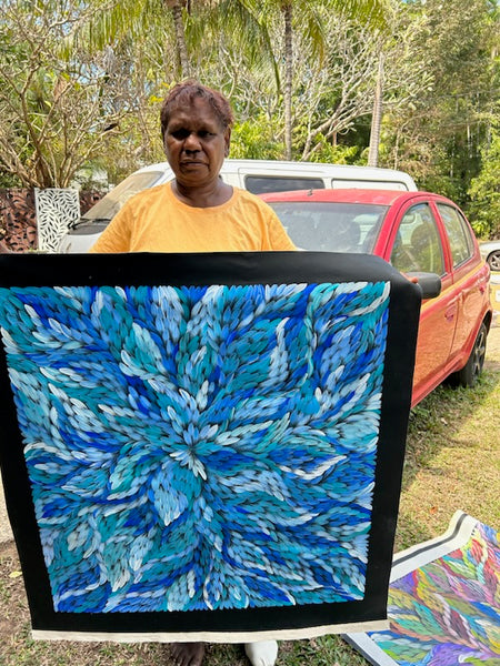 #319 Bush Medicine Leaves (Blue) - CAROLINE NUMINA : Aboriginal Art: 84x91cm