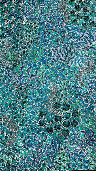 #354 Bush Yam Dreaming (Blues/Greens)- RACHAEL NAMBULA: Aboriginal Art: 93cm x 152cm
