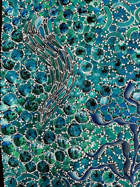 #354 Bush Yam Dreaming (Blues/Greens)- RACHAEL NAMBULA: Aboriginal Art: 93cm x 152cm
