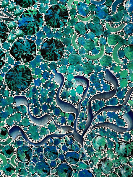 #354 Bush Yam Dreaming (Blues/Greens)- RACHAEL NAMBULA: Aboriginal Art: 93cm x 152cm