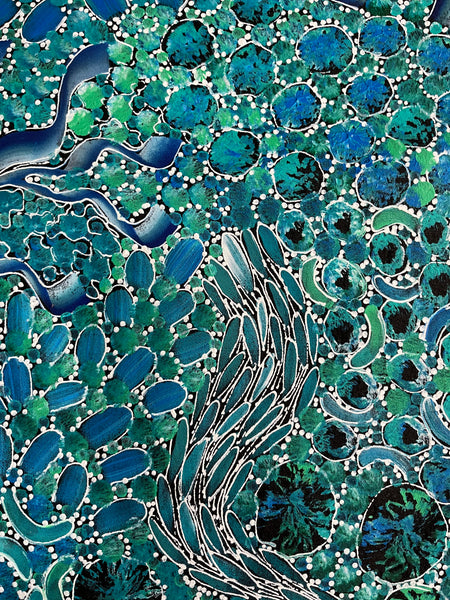 #354 Bush Yam Dreaming (Blues/Greens)- RACHAEL NAMBULA: Aboriginal Art: 93cm x 152cm
