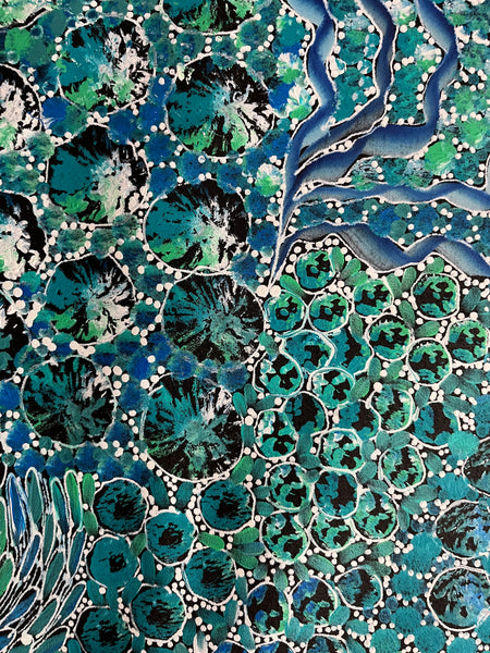 #354 Bush Yam Dreaming (Blues/Greens)- RACHAEL NAMBULA: Aboriginal Art: 93cm x 152cm