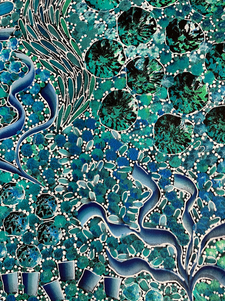 #354 Bush Yam Dreaming (Blues/Greens)- RACHAEL NAMBULA: Aboriginal Art: 93cm x 152cm