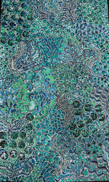 #359 Bush Yam Dreaming (Blues/Greens)- RACHAEL NAMBULA: Aboriginal Art: 93cm x 152cm