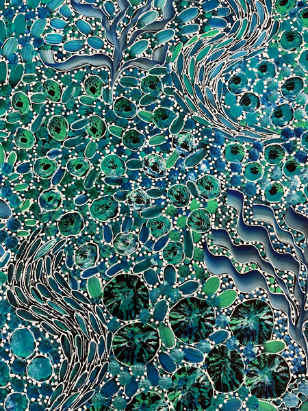 #359 Bush Yam Dreaming (Blues/Greens)- RACHAEL NAMBULA: Aboriginal Art: 93cm x 152cm