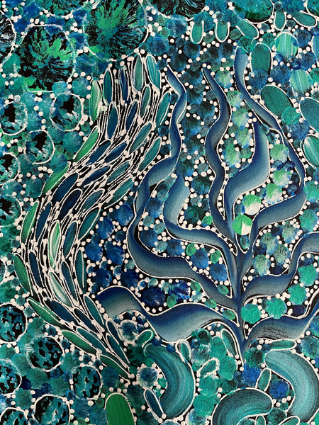 #359 Bush Yam Dreaming (Blues/Greens)- RACHAEL NAMBULA: Aboriginal Art: 93cm x 152cm